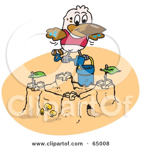 Royalty-Free (RF) Clipart Illustration of a Bird Creating A Sand Castle On A Beach by Dennis Holmes Designs