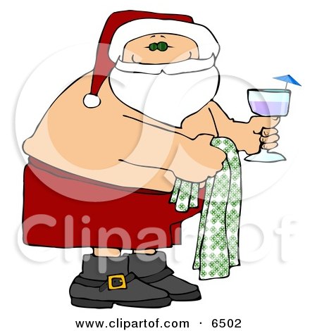 Santa Claus on Vacation, Holding a Drink and His Shirt Off Clipart by djart