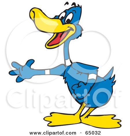 Royalty-Free (RF) Clipart Illustration of a Blue Duck Reaching To The Left by Dennis Holmes Designs