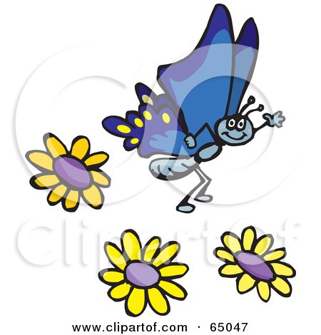 Royalty-Free (RF) Clipart Illustration of a Waving Blue Butterfly Over Yellow Flowers by Dennis Holmes Designs