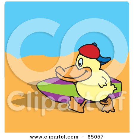 Royalty-Free (RF) Clipart Illustration of a Happy Duck Carrying A Surf Board On A Beach by Dennis Holmes Designs