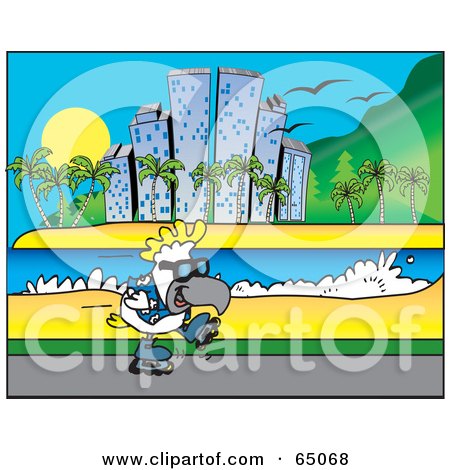 Royalty-Free (RF) Clipart Illustration of a Rollerblading Cockatoo Along A Coastal City by Dennis Holmes Designs