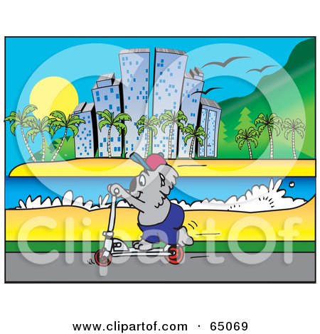 Royalty-Free (RF) Clipart Illustration of a Koala Riding A Scooter Along A Coastal City by Dennis Holmes Designs
