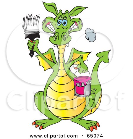 Royalty-Free (RF) Clipart Illustration of a Grinning Green Dragon Holding A Brush And Gallon Of Paint by Dennis Holmes Designs