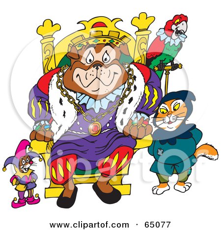 Royalty-Free (RF) Clipart Illustration of a Bulldog King With A Mouse, Cat And Parrot by Dennis Holmes Designs