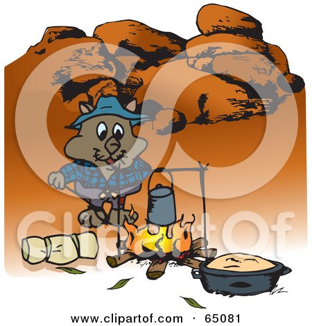 Royalty-Free (RF) Clipart Illustration of a Wombat Camping And Cooking Over A Fire In The Outback by Dennis Holmes Designs