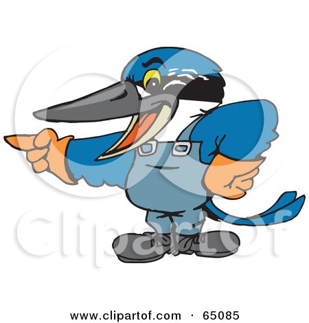 Royalty-Free (RF) Clipart Illustration of a Pointing Kingfisher In Overalls by Dennis Holmes Designs