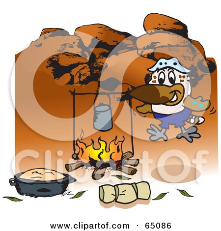 Royalty-Free (RF) Clipart Illustration of a Kookaburra Camping And Cooking Over A Fire In The Outback by Dennis Holmes Designs