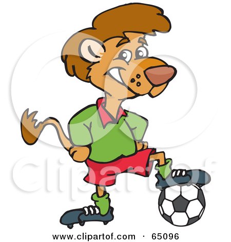 Royalty-Free (RF) Clipart Illustration of a Lion Resting His Foot On A Soccer Ball by Dennis Holmes Designs