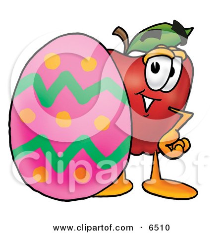 Red Apple Character Mascot Standing Beside an Easter Egg Clipart Picture by Mascot Junction