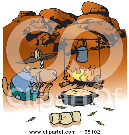 Royalty-Free (RF) Clipart Illustration of a Kangaroo Camping And Cooking Over A Fire In The Outback by Dennis Holmes Designs