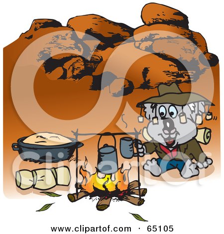 Royalty-Free (RF) Clipart Illustration of a Koala Camping And Cooking Over A Fire In The Outback by Dennis Holmes Designs