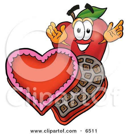 Red Apple Character Mascot With an Open Box of Valentines Day Chocolate Candies Clipart Picture by Mascot Junction