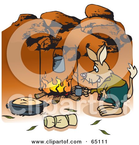 Royalty-Free (RF) Clipart Illustration of a Bilby Camping And Cooking Over A Fire In The Outback by Dennis Holmes Designs