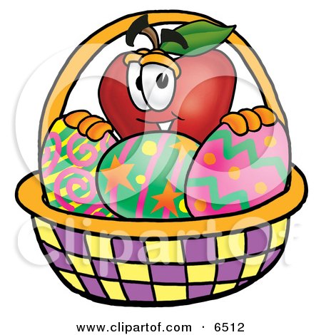 Red Apple Character Mascot in an Easter Basket Full of Decorated Easter Eggs Clipart Picture by Mascot Junction
