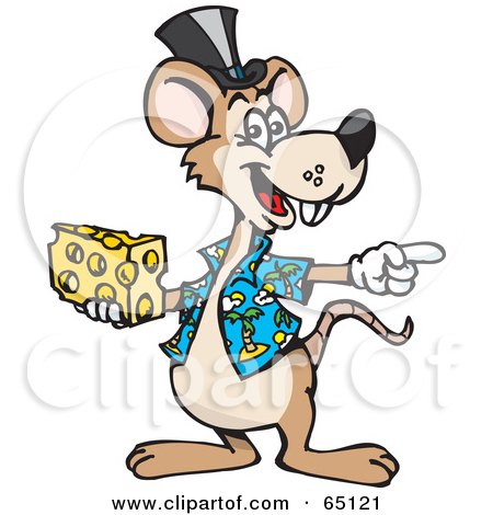 Royalty-Free (RF) Clipart Illustration of a Mouse Wearing A Hat And Shirt, Pointing And Holding Cheese by Dennis Holmes Designs