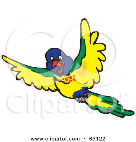 Royalty-Free (RF) Clipart Illustration of a Flying Blue, Green And Yellow Lorikeet by Dennis Holmes Designs
