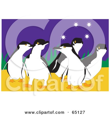 Royalty-Free (RF) Clipart Illustration of a Group Of Happy Penguins Under The Stars by Dennis Holmes Designs