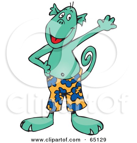 Royalty-Free (RF) Clipart Illustration of a Green Sea Monkey In Shorts by Dennis Holmes Designs