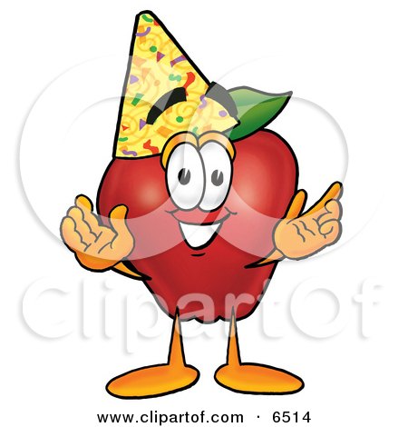 Red Apple Character Mascot Wearing a Birthday Party Hat Clipart Picture by Mascot Junction