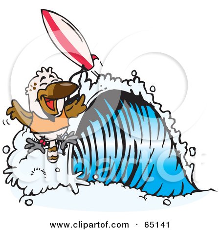 Royalty-Free (RF) Clipart Illustration of a Kookaburra Surfing A Wave by Dennis Holmes Designs