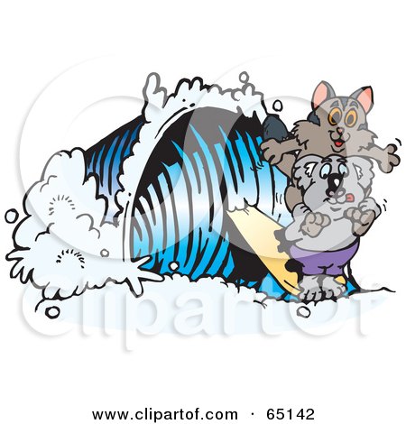 Royalty-Free (RF) Clipart Illustration of a Koala And Possum Surfing A Wave by Dennis Holmes Designs