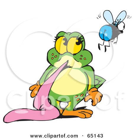 Royalty-Free (RF) Clipart Illustration of a Hungry Green Pollywog Character Hanging Its Tongue Out And Watching A Fly by Dennis Holmes Designs