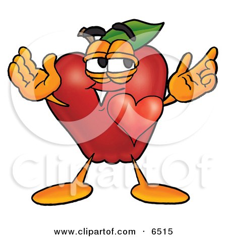 Red Apple Character Mascot With His Heart Beating Out of His Chest and Eyebrows Raised Clipart Picture by Mascot Junction