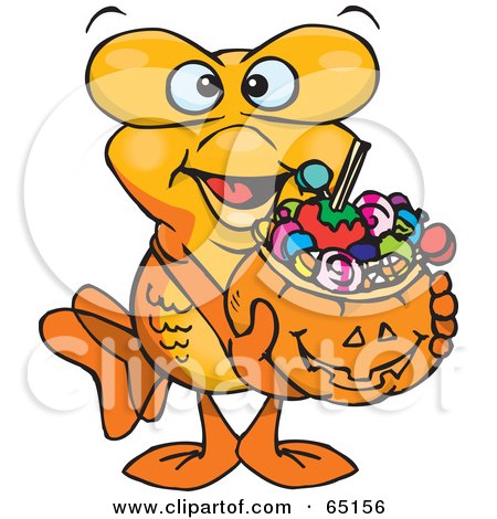 Royalty-Free (RF) Clipart Illustration of a Trick Or Treating Male Goldfish Holding A Pumpkin Basket Full Of Halloween Candy by Dennis Holmes Designs