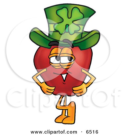 Red Apple Character Mascot Wearing a Green Paddy's Day Hat With a Four Leaf Clover on it Clipart Picture by Mascot Junction