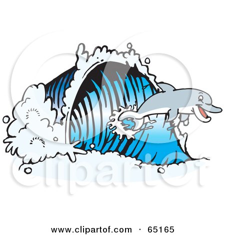 Royalty-Free (RF) Clipart Illustration of a Dolphin Surfing On A Blue Wave by Dennis Holmes Designs