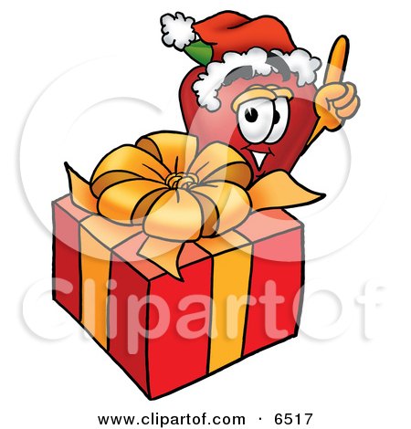 Red Apple Character Mascot With a Christmas Present Clipart Picture by Mascot Junction