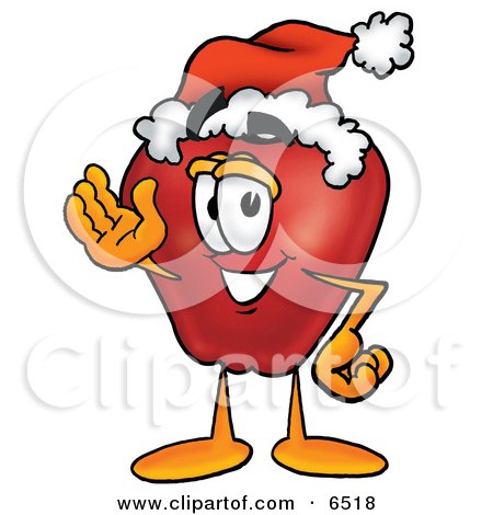 Red Apple Character Mascot Wearing a Santa Hat and Waving Clipart Picture by Mascot Junction