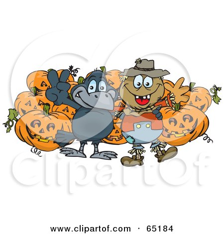Royalty-Free (RF) Clipart Illustration of a Happy Scarecrow And Crow In Front Of Halloween Pumpkins by Dennis Holmes Designs