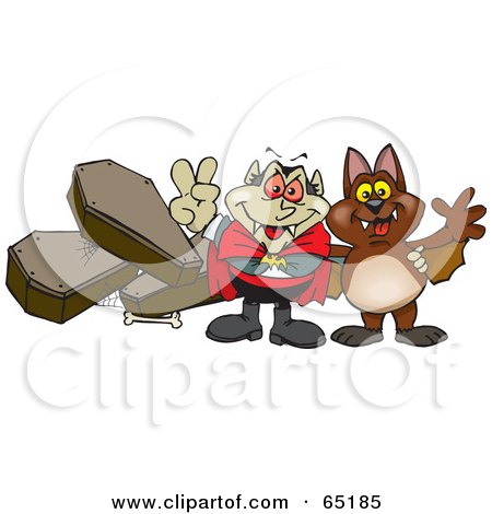 Royalty-Free (RF) Clipart Illustration of a Vampire And Bat Standing Near Coffins by Dennis Holmes Designs