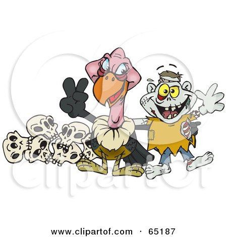 Royalty-Free (RF) Clipart Illustration of a Friendly Vulture And Zombie In Front Of Skulls by Dennis Holmes Designs