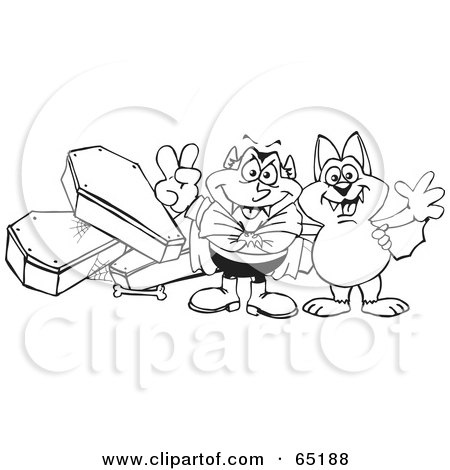 Royalty-Free (RF) Clipart Illustration of a Black And White Outline Of A Vampire And Bat Standing Near Coffins by Dennis Holmes Designs