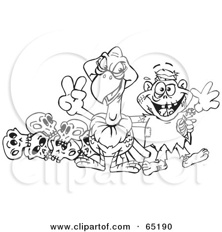 Royalty-Free (RF) Clipart Illustration of a Black And White Outline Of A Vulture And Zombie With Skulls by Dennis Holmes Designs
