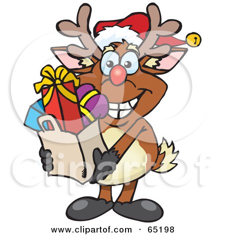Royalty-Free (RF) Clipart Illustration of a Jolly Reindeer Carrying A Bag Full Of Christmas Presents by Dennis Holmes Designs