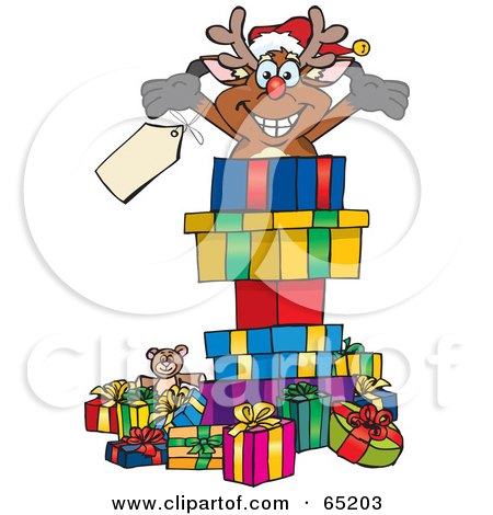 Royalty-Free (RF) Clipart Illustration of a Jolly Reindeer Popping Out Of A Gift Box, Surrounded By Christmas Presents - Version 2 by Dennis Holmes Designs
