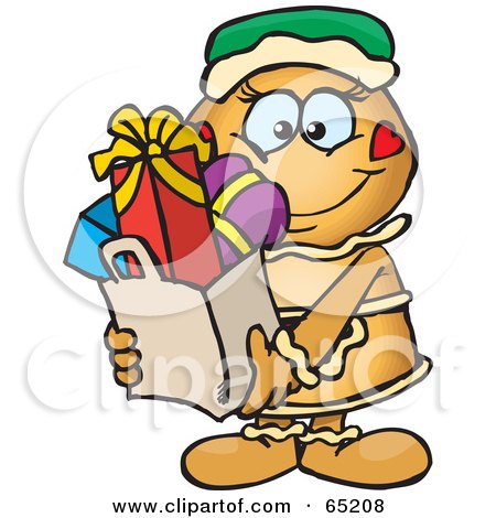 Royalty-Free (RF) Clipart Illustration of a Jolly Gingerbread Woman Carrying A Bag Full Of Christmas Presents by Dennis Holmes Designs
