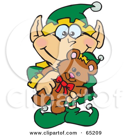 Royalty-Free (RF) Clipart Illustration of a Happy Elf Holding A Christmas Teddy Bear by Dennis Holmes Designs