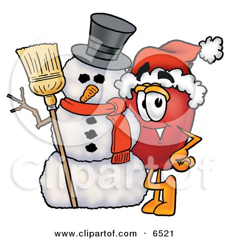 Red Apple Character Mascot Leaning on a Snowman on Christmas Clipart Picture by Mascot Junction