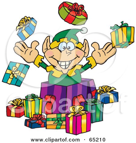 Royalty-Free (RF) Clipart Illustration of a Jolly Elf Popping Out Of A Gift Box, Surrounded By Christmas Presents - Version 1 by Dennis Holmes Designs