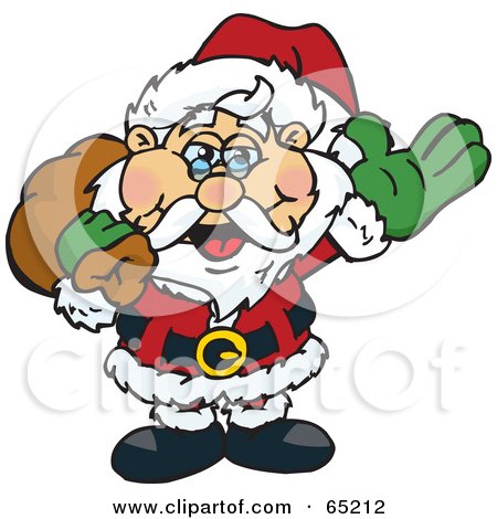 Royalty-Free (RF) Clipart Illustration of a Friendly Santa Waving And Carrying A Brown Toy Sack by Dennis Holmes Designs