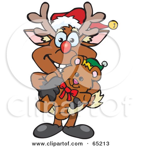 Royalty-Free (RF) Clipart Illustration of a Happy Reindeer Holding A Christmas Teddy Bear by Dennis Holmes Designs