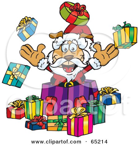 Royalty-Free (RF) Clipart Illustration of a Jolly Sparkey Dog Santa Popping Out Of A Gift Box, Surrounded By Christmas Presents - Version 2 by Dennis Holmes Designs