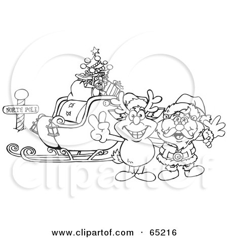 Royalty-Free (RF) Clipart Illustration of a Black And White Outline Of Rudolph And Santa With A Sleigh At The North Pole by Dennis Holmes Designs