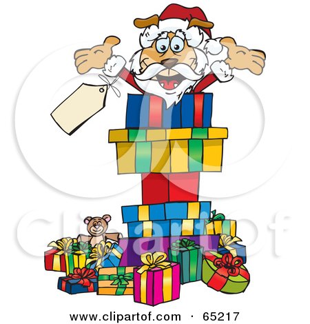 Royalty-Free (RF) Clipart Illustration of a Jolly Sparkey Dog Santa Popping Out Of A Gift Box, Surrounded By Christmas Presents - Version 1 by Dennis Holmes Designs