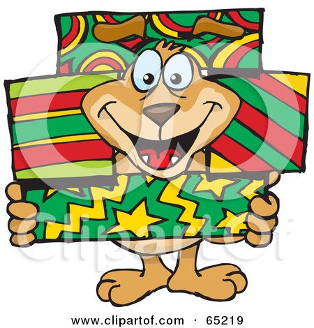 Royalty-Free (RF) Clipart Illustration of a Sparkey Dog Poking His Head Through Stacked Christmas Gift Boxes by Dennis Holmes Designs
